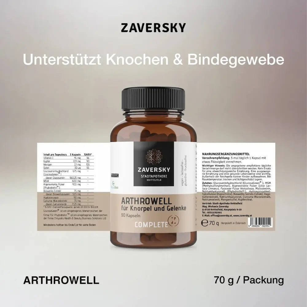 Zaversky Arthrowell Complete für Knorpel und Gelenke, 90 Kapseln im Braunglas mit ausgeklapptem Etikett und Nährwerttabelle