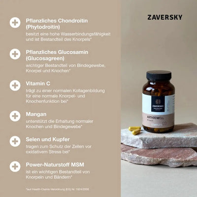 Arthrowell Complete Kapseln im braunen Glas mit 90 Kapseln auf Steinplatten, daneben Übersicht der Inhaltsstoffe wie Chondroitin, Glucosamin, Vitamin C, Mangan, Selen, Kupfer und MSM.