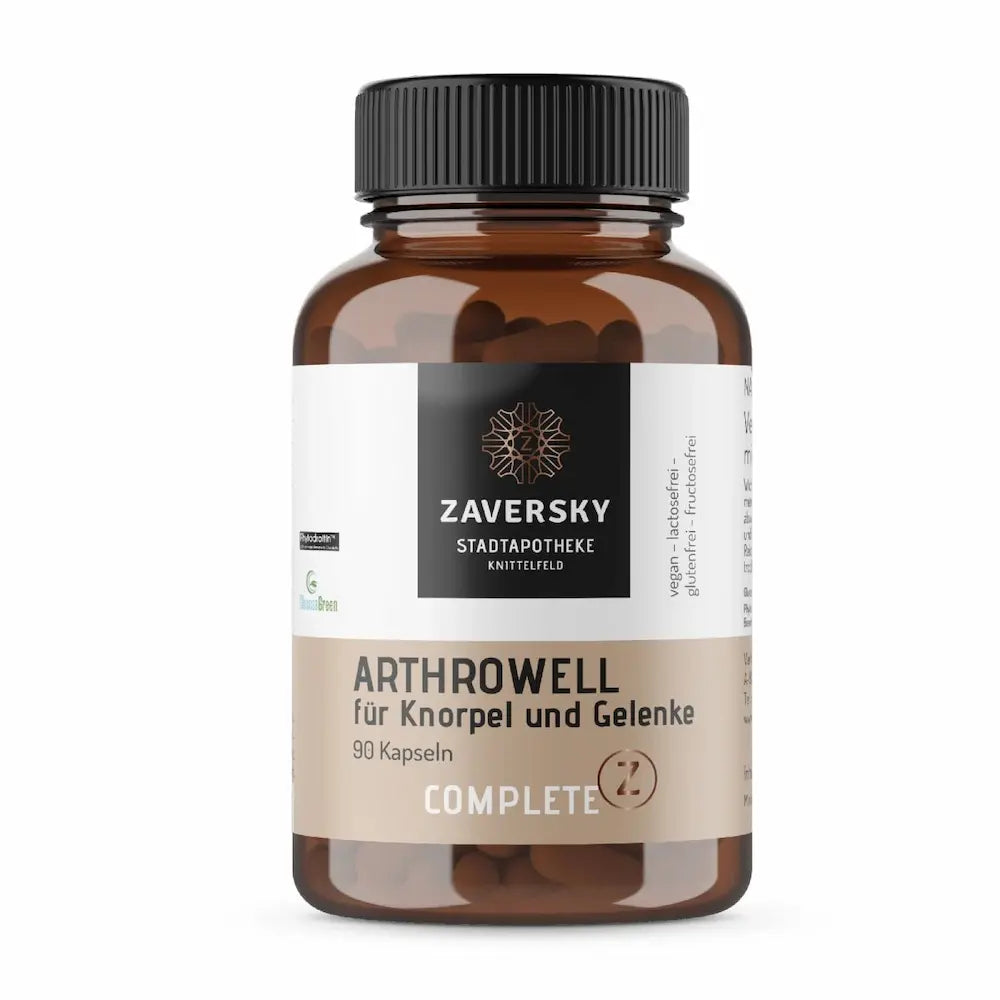 Braunglas-Dose Zaversky Arthrowell Complete für Knorpel und Gelenke mit 90 Kapseln, vegan, lactose-, gluten- und fructosefrei
