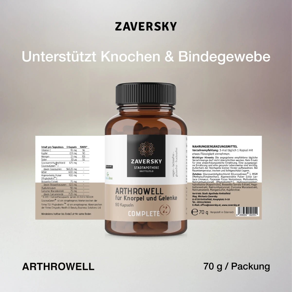 Arthrowell – Vegane Gelenk - Kapseln mit Glucosamin, Chondroitin & Vitamin C, 90 Stück - Nahrungsergänzung - Apotheke Zaversky
