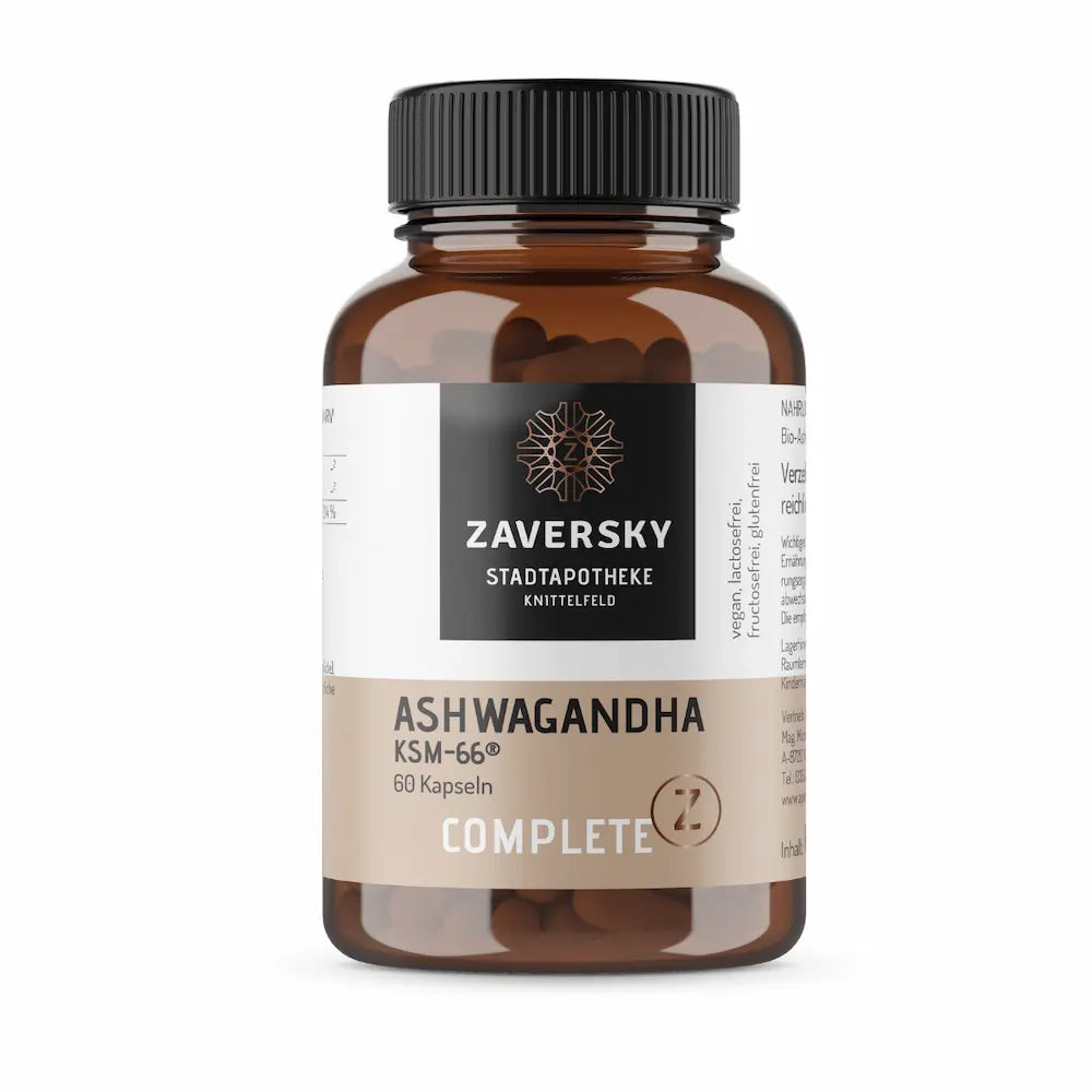 Braunglas-Dose Zaversky Stadtapotheke Knittelfeld Ashwagandha KSM-66 Complete mit 60 Kapseln, vegan und laktosefrei, Vorderansicht