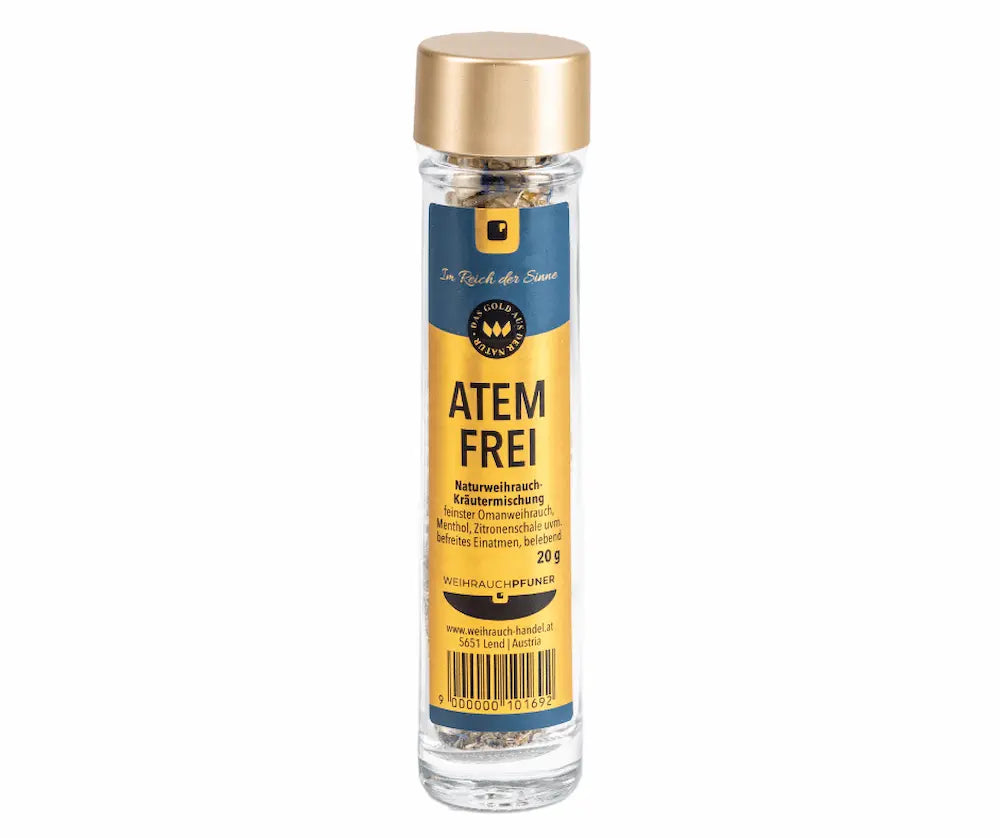 Glasflasche mit goldener Kappe und Etikett „Atem Frei“ Naturweihrauch-Kräutermischung mit Omanweihrauch und Menthol, 20 g, Vorderansicht