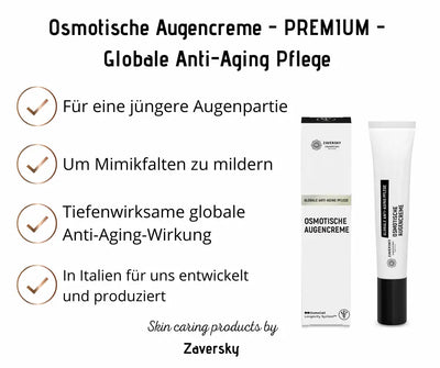 Osmotische Augencreme von Zaversky als weiße Tube mit schwarzem Deckel neben Verpackung, Infografik zur globalen Anti-Aging-Pflege