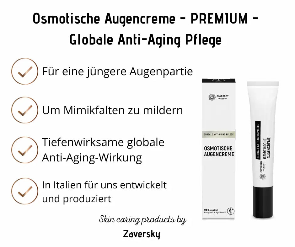 Osmotische Augencreme von Zaversky als weiße Tube mit schwarzem Deckel neben Verpackung, Infografik zur globalen Anti-Aging-Pflege
