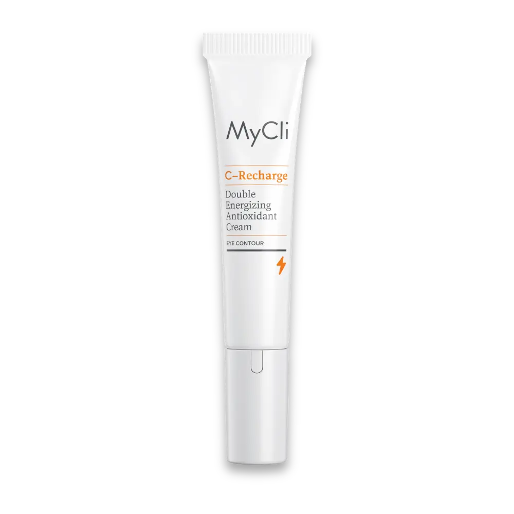 MyCli C-Recharge Double Energizing Antioxidant Cream Eye Contour in weißer Tube mit orangefarbenen Details, Vorderansicht