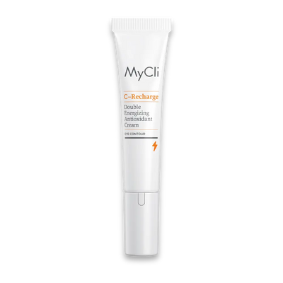 MyCli C-Recharge Double Energizing Antioxidant Cream Eye Contour in weißer Tube mit orangefarbenen Details, Vorderansicht