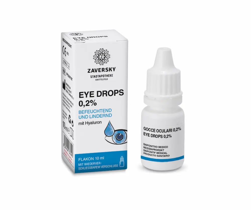 Zaversky Stadtapotheke Eye Drops 0,2 % befeuchtend und lindernd mit Hyaluron, weiße Tropfflasche 10 ml neben Faltschachtel