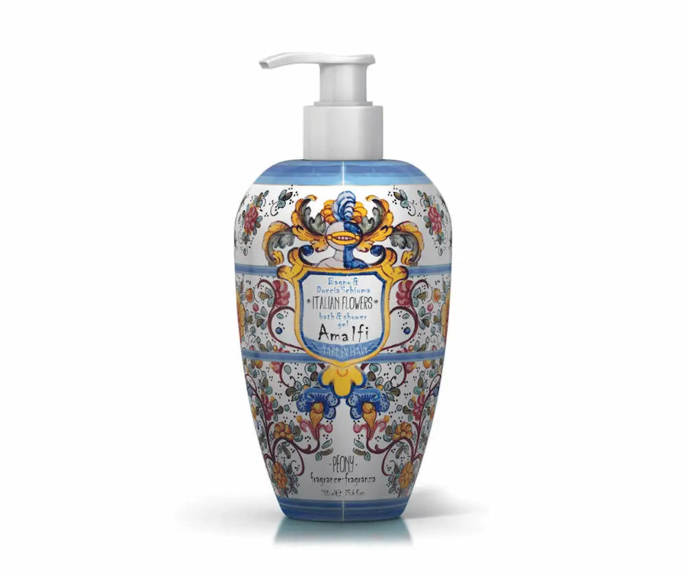 Bade- und Duschgel Italian Flowers Amalfi im dekorativen Pumpspender mit blau-buntem Blumenmuster, Peony-Duft, 700 ml