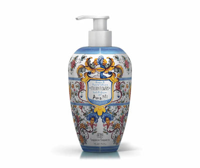 Bade- und Duschgel Italian Flowers Amalfi im dekorativen Pumpspender mit blau-buntem Blumenmuster, Peony-Duft, 700 ml