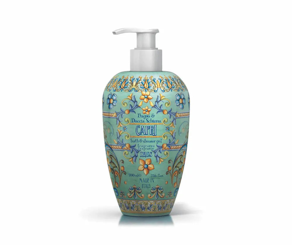 Bade- und Duschgel Capri Iris in dekorativer Pumpflasche mit türkisem Majolika-Muster, 700 ml, Made in Italy, Vorderansicht.