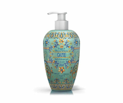 Bade- und Duschgel Capri Iris in dekorativer Pumpflasche mit türkisem Majolika-Muster, 700 ml, Made in Italy, Vorderansicht.