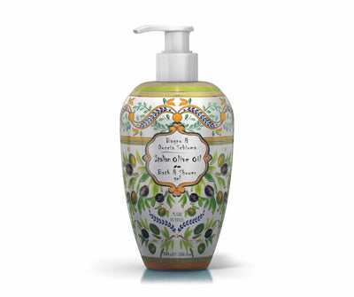 Bade- und Duschgel Italian Olive Oil im Pumpspender mit mediterranem Olivenzweig-Dekor, 700 ml, Made in Italy
