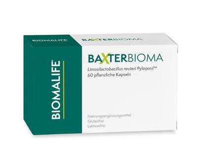 BaxterBioma von Biomalife, Faltschachtel in Grün und Weiß mit 60 pflanzlichen Kapseln, Limosilactobacillus reuteri Pylopass, glutenfrei und laktosefrei
