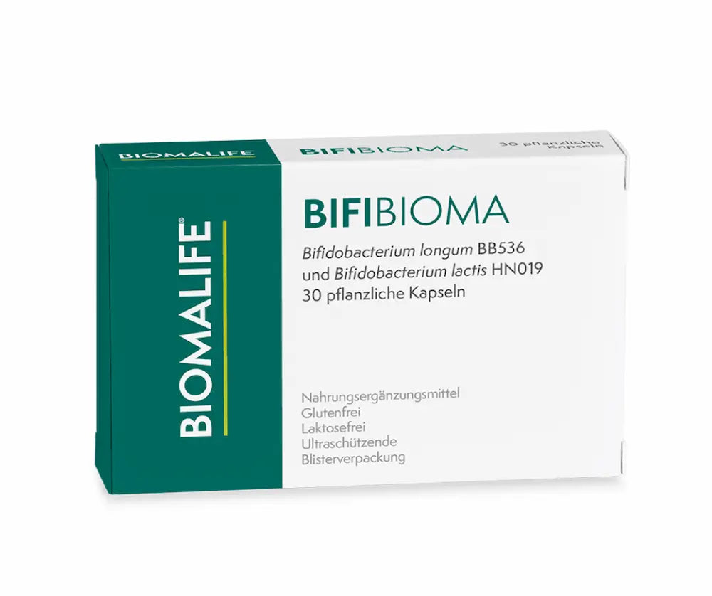 BIFIBIOMA von BIOMALIFE, Faltschachtel in Grün und Weiß mit 30 pflanzlichen Kapseln, glutenfrei und laktosefrei