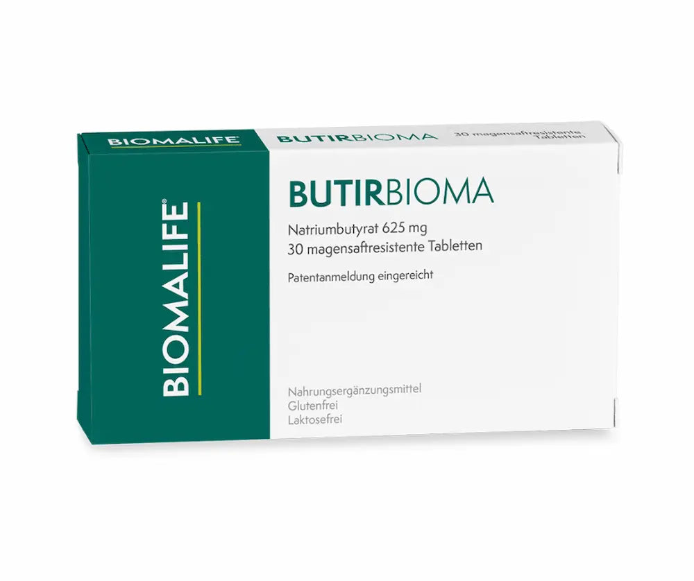 BUTIRBIOMA von Biomalife, Faltschachtel mit Natriumbutyrat 625 mg, 30 magensaftresistente Tabletten, glutenfrei und laktosefrei