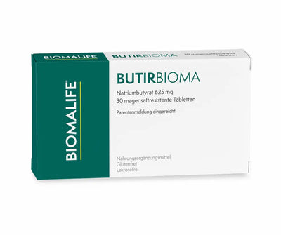 BUTIRBIOMA von Biomalife, Faltschachtel mit Natriumbutyrat 625 mg, 30 magensaftresistente Tabletten, glutenfrei und laktosefrei