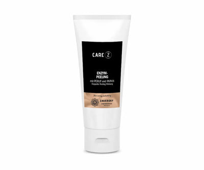 Care Z Enzym-Peeling mit Perlit und Papain in weißer Tube mit schwarzem Etikett, Zaversky Stadtapotheke, Vorderansicht