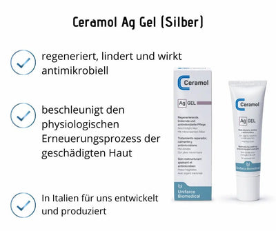 Infografik zu Ceramol Ag Gel mit Faltschachtel und Tube von Unifarco Biomedical sowie Stichpunkten zu Pflegeeigenschaften der silberhaltigen Hautpflege