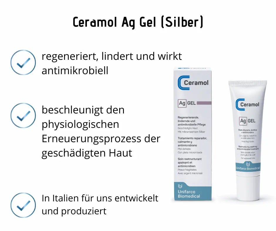 Infografik zu Ceramol Ag Gel mit Faltschachtel und Tube von Unifarco Biomedical sowie Stichpunkten zu Pflegeeigenschaften der silberhaltigen Hautpflege