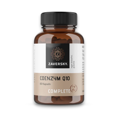 Zaversky Complete Z Coenzym Q10, 60 Kapseln, braune Dose mit schwarzem Deckel, vegan und glutenfrei.