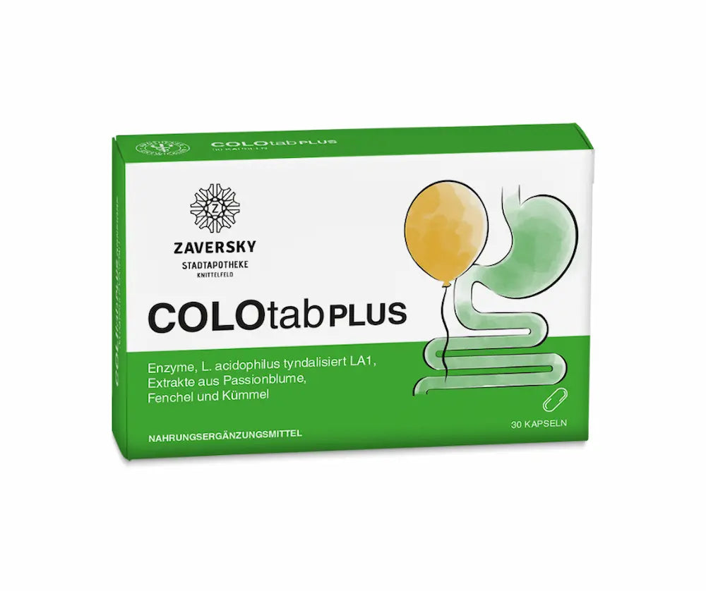COLOtabPLUS Nahrungsergänzungsmittel der Zaversky Stadtapotheke Knittelfeld, grün-weiße Faltschachtel mit 30 Kapseln, Enzymen, L. acidophilus, Passionsblume, Fenchel und Kümmel
