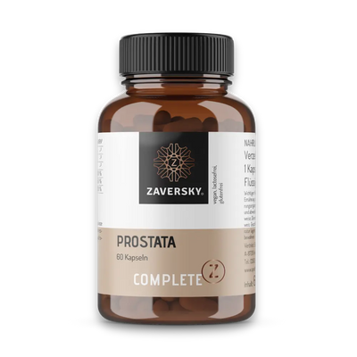 Braune Kapseldose Zaversky Complete Prostata mit 60 Kapseln, schwarzem Deckel und Etikett „vegan, lactosefrei, glutenfrei".