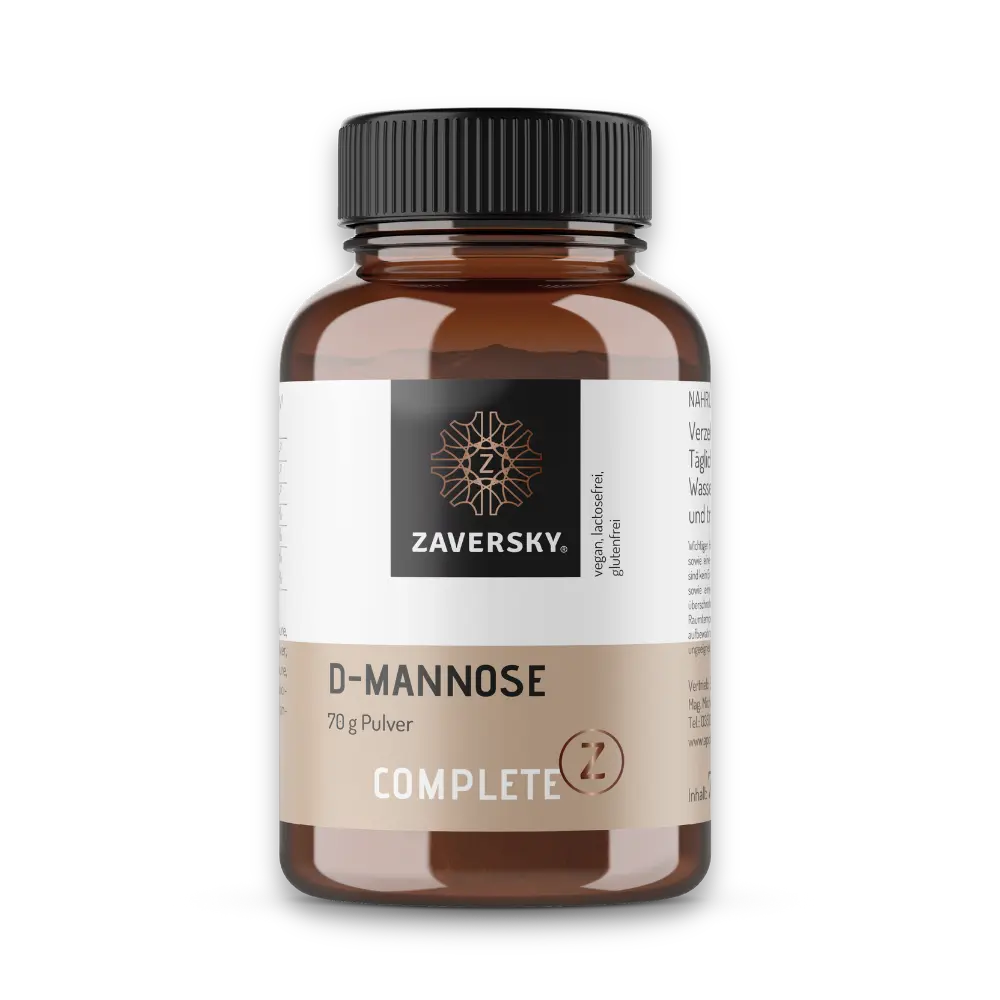 Complete Z D-Mannose Pulver 70 g von Zaversky, braune Glasflasche mit schwarzem Deckel, vegan, laktose- und glutenfrei