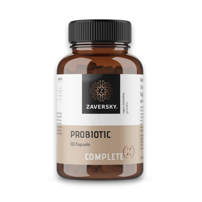 Complete Z Probiotic von Zaversky, braune Kapseldose mit schwarzem Deckel, 60 Kapseln, vegan und laktosefrei.