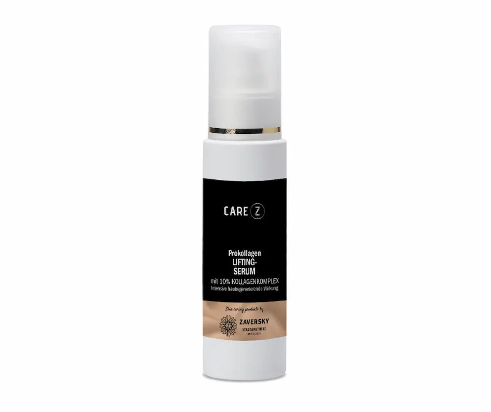 CARE Z Prokollagen Lifting-Serum mit 10% Kollagenkomplex, weiße Pumpflasche mit schwarzem Etikett und goldenem Streifen.