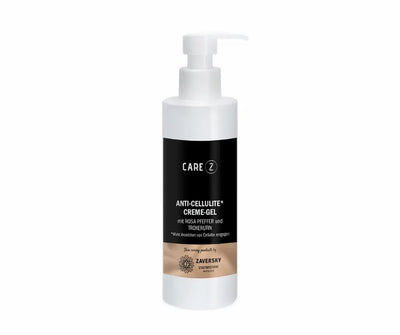 CARE Z Anti-Cellulite Creme-Gel mit Rosa Pfeffer und Troxerutin in weißer Pumpflasche mit schwarzem Etikett, Zaversky