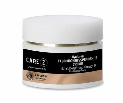 CARE Z Hyaluron Feuchtigkeitsspendende Creme mit IaluDeep und Omega 6, weißer Tiegel mit schwarz-beigem Etikett, reichhaltige Textur.