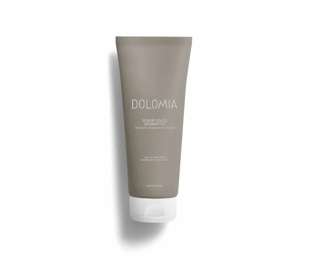 Dolomia Scrub Dolce Aromatico, taupefarbene Tube mit weißem Schraubverschluss, aromatisches Zucker-Körperpeeling, Vorderansicht