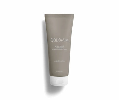 Dolomia Scrub Dolce Aromatico, taupefarbene Tube mit weißem Schraubverschluss, aromatisches Zucker-Körperpeeling, Vorderansicht