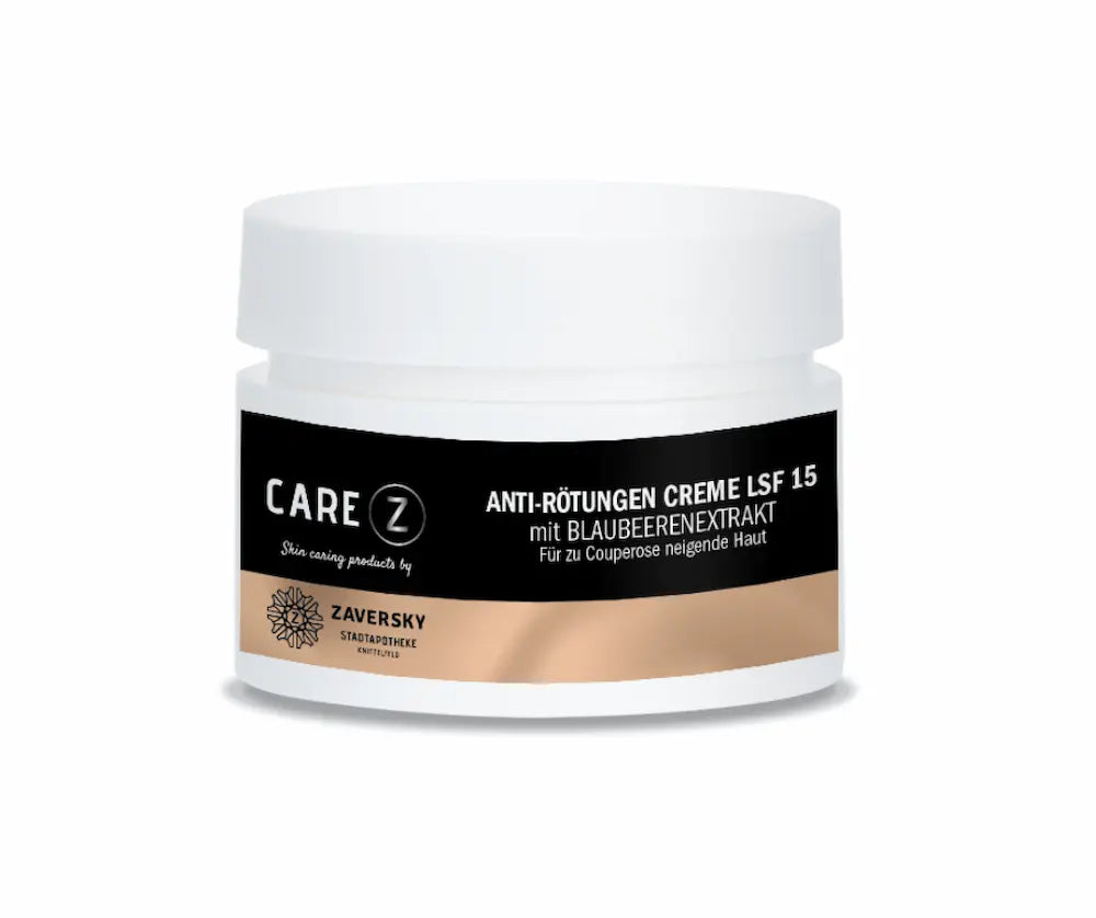 Care Z Anti-Rötungen Creme LSF 15 mit Blaubeerenextrakt im weißen Tiegel, Zaversky Stadtapotheke, für zu Couperose neigende Haut