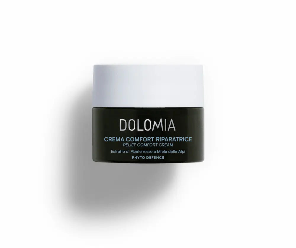 Dolomia Crema Comfort Riparatrice im dunkelgrünen Glastiegel mit weißem Deckel, Relief Comfort Cream, Phyto Defence, Vorderansicht