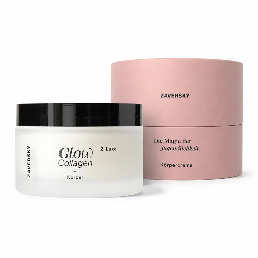 Zaversky Z-Luxe Glow Collagen Körpercreme im weißen Tiegel mit schwarzem Deckel neben rosafarbener Rundverpackung