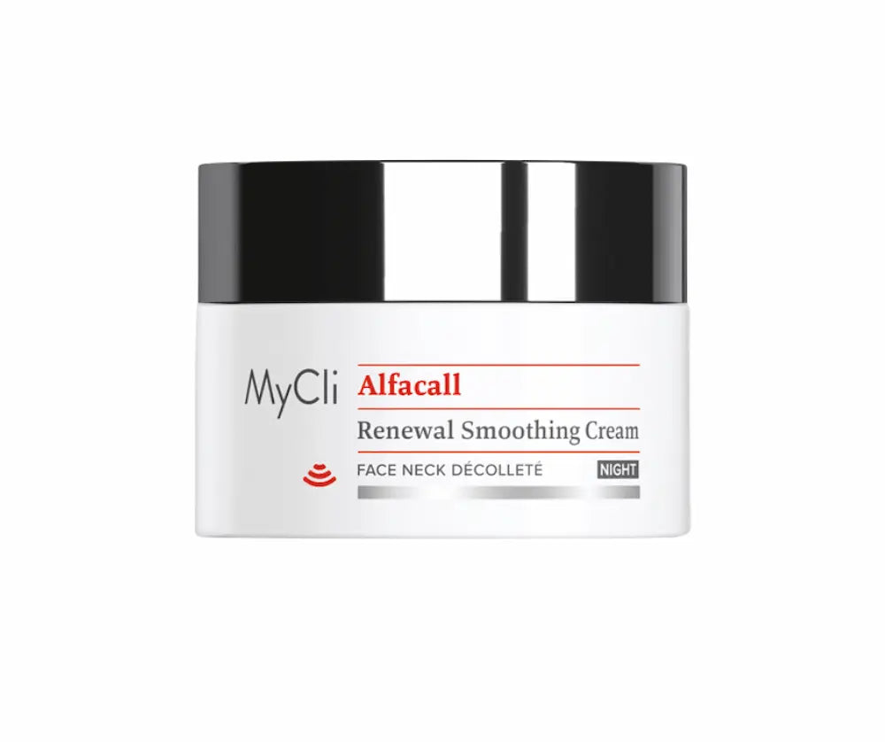 MyCli Alfacall Renewal Smoothing Cream Night im weißen Tiegel mit schwarzem Deckel für Gesicht, Hals und Dekolleté, Vorderansicht