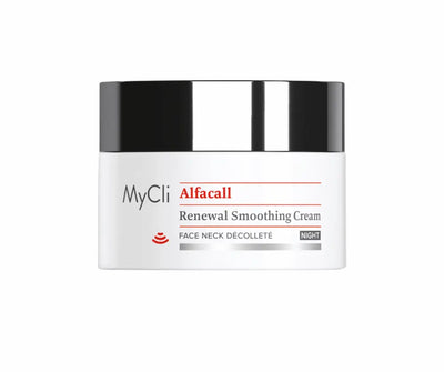 MyCli Alfacall Renewal Smoothing Cream Night im weißen Tiegel mit schwarzem Deckel für Gesicht, Hals und Dekolleté, Vorderansicht