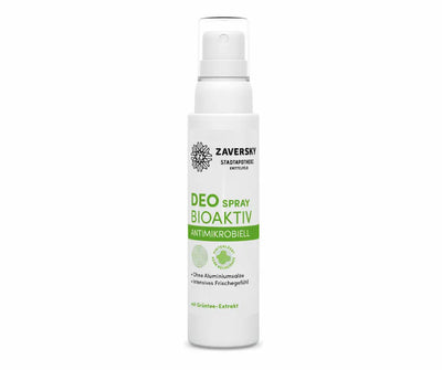 Weiße Sprühflasche Zaversky Deo Spray Bioaktiv Antimikrobiell mit Grüntee-Extrakt, ohne Aluminiumsalze, Vorderansicht