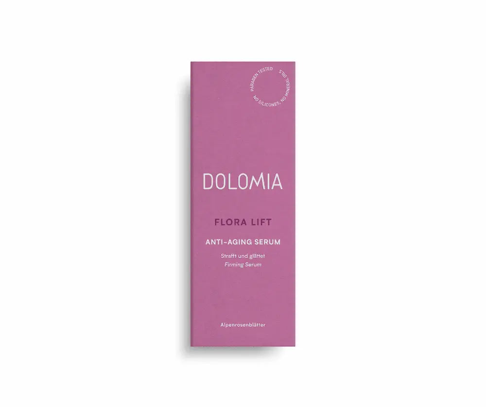Dolomia Flora Lift Anti-Aging Serum in lila Faltschachtel, strafft und glättet mit Alpenrosenblättern, Vorderansicht
