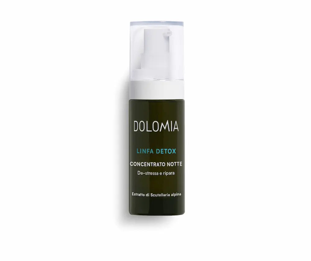 Dolomia Linfa Detox Concentrato Notte Nachtpflege in dunkler Pumpflasche mit transparenter Kappe, Vorderansicht