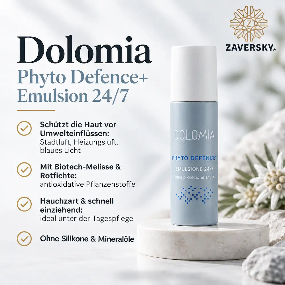 Dolomia Phyto Defence+ Emulsion 24/7 in hellblauer Flasche mit weißer Kappe auf hellem Steinsockel, daneben Edelweiß und Steine