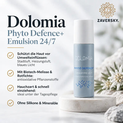 Dolomia Phyto Defence+ Emulsion 24/7 in hellblauer Flasche mit weißer Kappe auf hellem Steinsockel, daneben Edelweiß und Steine
