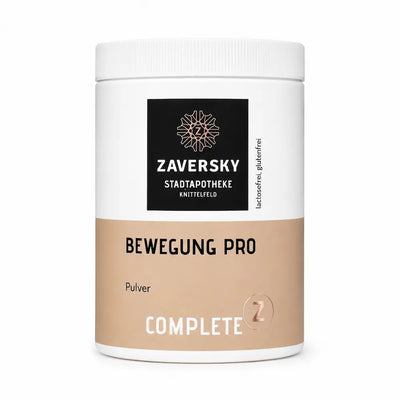 Zaversky Bewegung Pro Complete Pulverdose, weiß mit beigem Etikett, Hinweis lactosefrei und glutenfrei, Vorderansicht