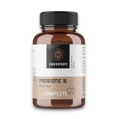 Zaversky Complete Z Probiotic 15 Pulver, 120 g, braune Dose mit schwarzem Deckel und beigem Etikett, vegan, laktose- und glutenfrei.