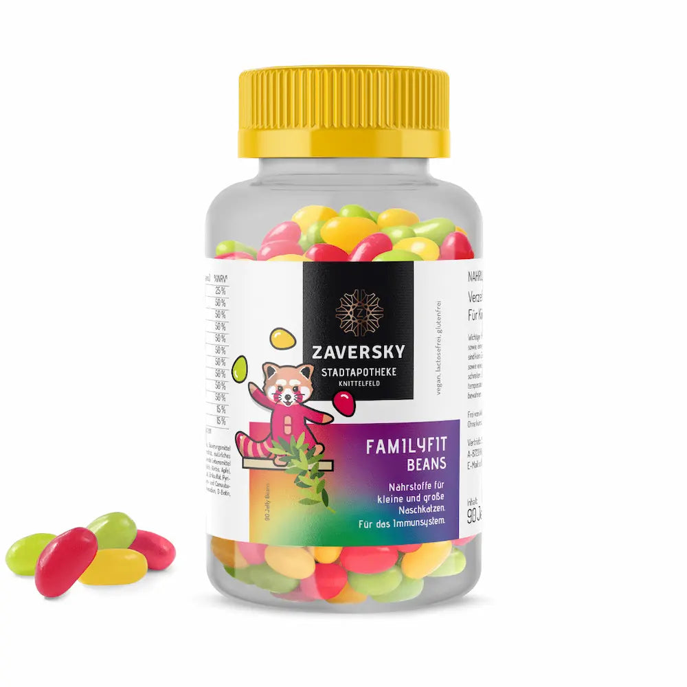 Zaversky FamilyFit Beans Dose mit gelbem Schraubverschluss, bunten Jelly Beans und Etikett mit Roter-Panda-Motiv, davor ausgestreute Jelly Beans in Grün, Rot und Gelb.