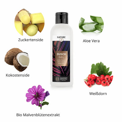 Nature Z Duschgel in weißer Flasche mit Bio Malvenblütenextrakt und Aloe Vera, umgeben von Zuckertenside, Kokostenside, Aloe Vera, Malvenblüte und Weißdorn