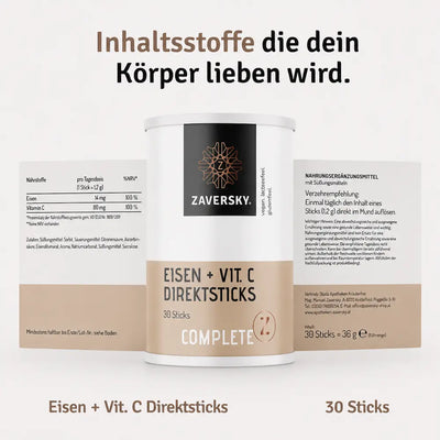 Zaversky Eisen + Vit. C Direktsticks Dose mit 30 Sticks, daneben Etiketten mit Nährwerten, Zutaten und Verzehrempfehlung.