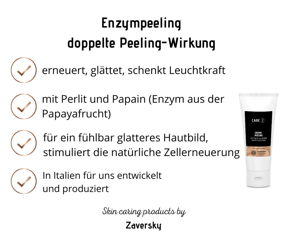 Infografik zum Care Z Enzym-Peeling mit Perlit und Papain in weißer Tube, Vorteile und Eigenschaften aufgelistet