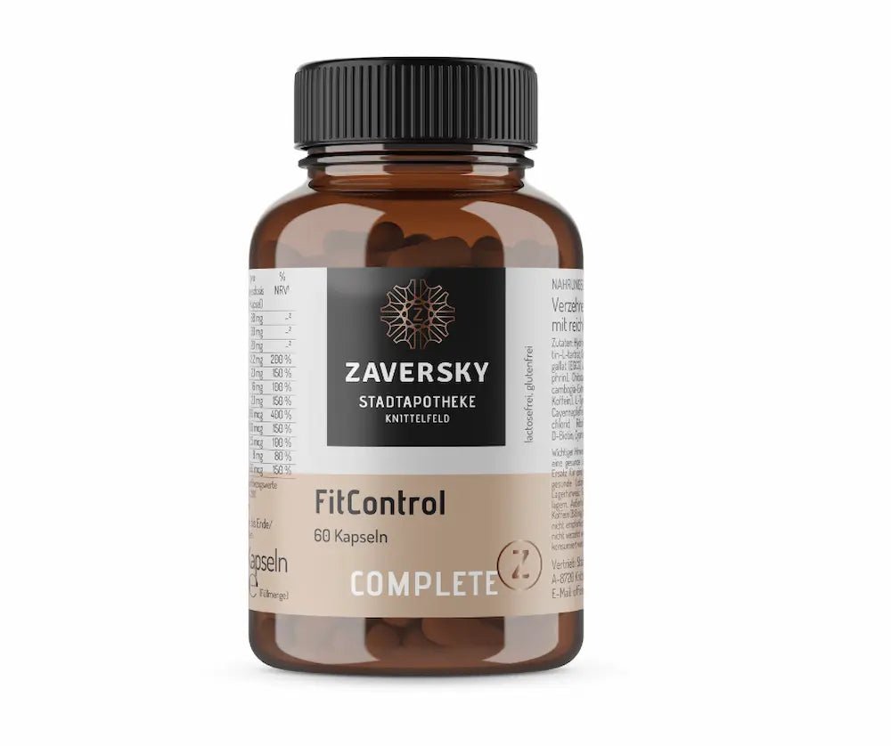 FitControl Complete 60 Kapseln im braunen Glas mit schwarzem Deckel und Zaversky Stadtapotheke Knittelfeld Etikett, Vorderansicht